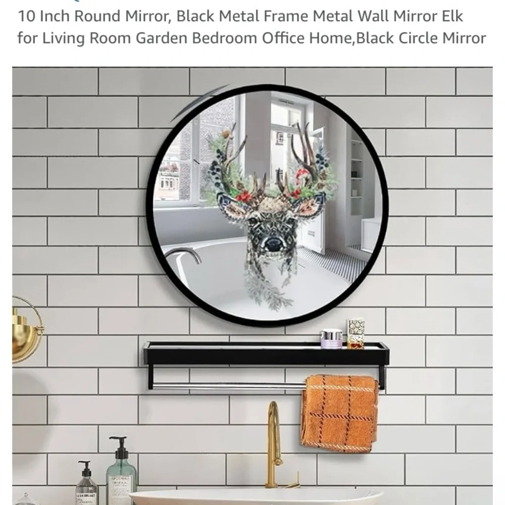 🎈Christmas Holiday Elk Home Decor Round Mirror Black Metal Frame, 10 inch, NIB